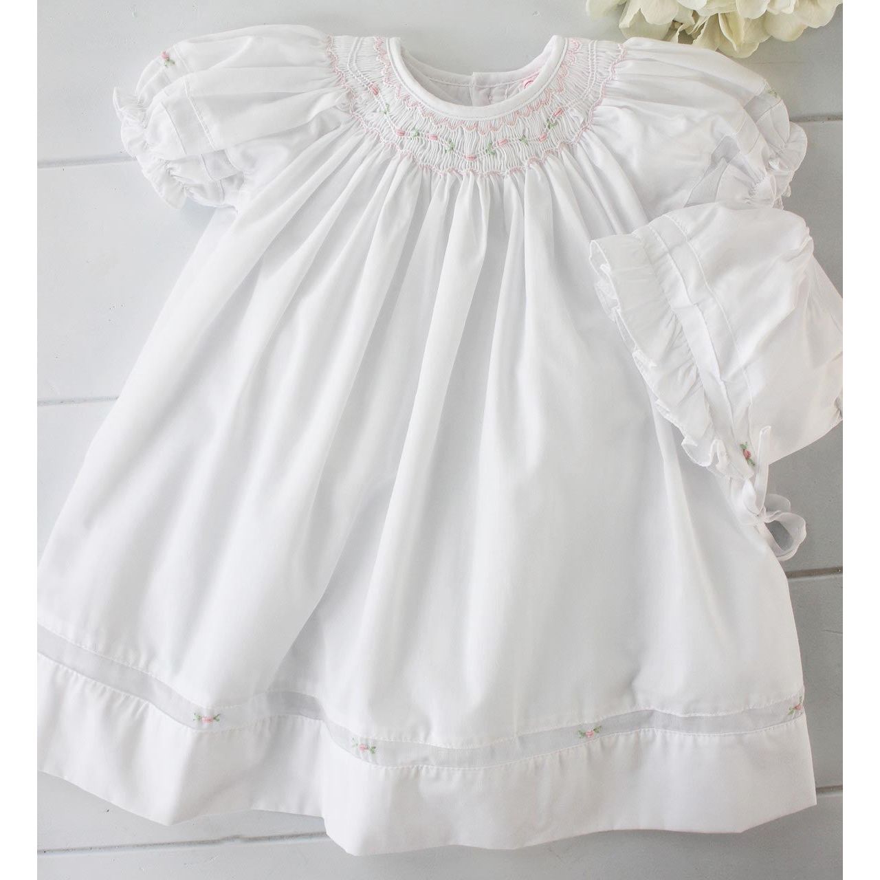 Girls White Smocked Daygown Dress & Bonnet Pink Flowers