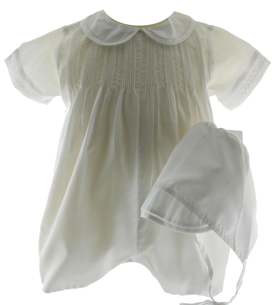 Infant Boys White Christening Romper Outfit with Pintucks