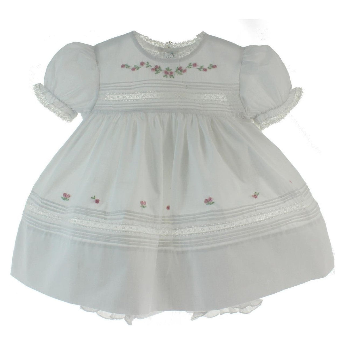 Infant Girls White Heirloom Dress Pink Flowers &amp; Lace