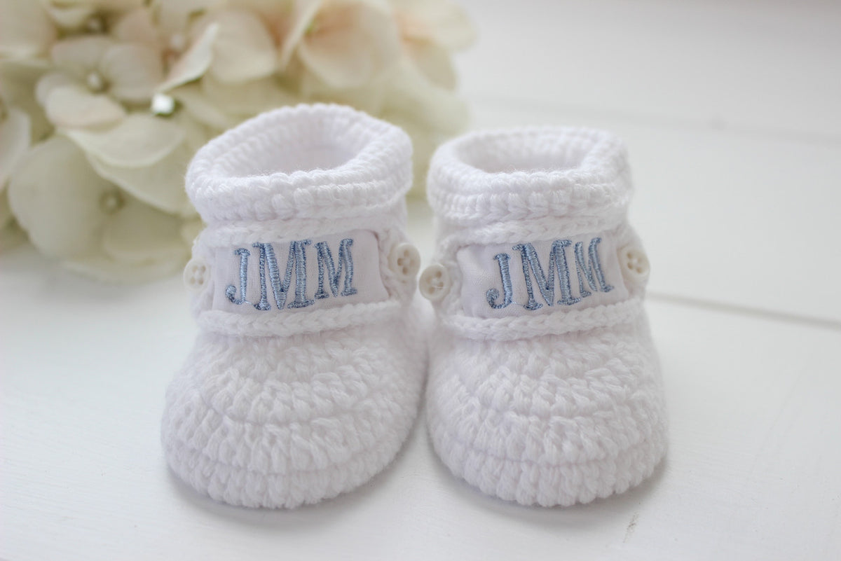 Personalized Baby Booties White Crochet Hiccups Children's Boutique