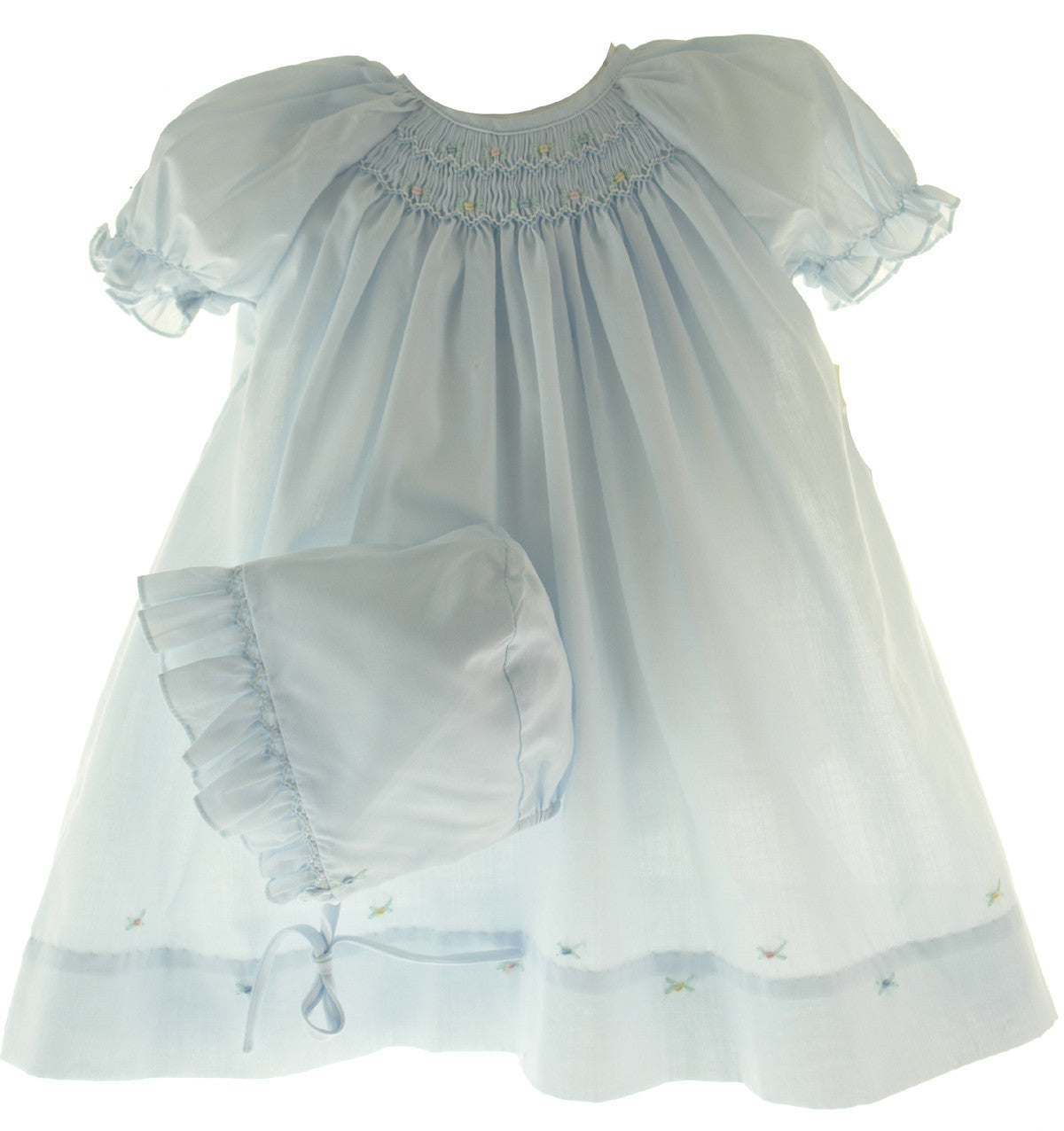 Newborn Girls Blue Smocked Daygown Dress &amp; Bonnet Set