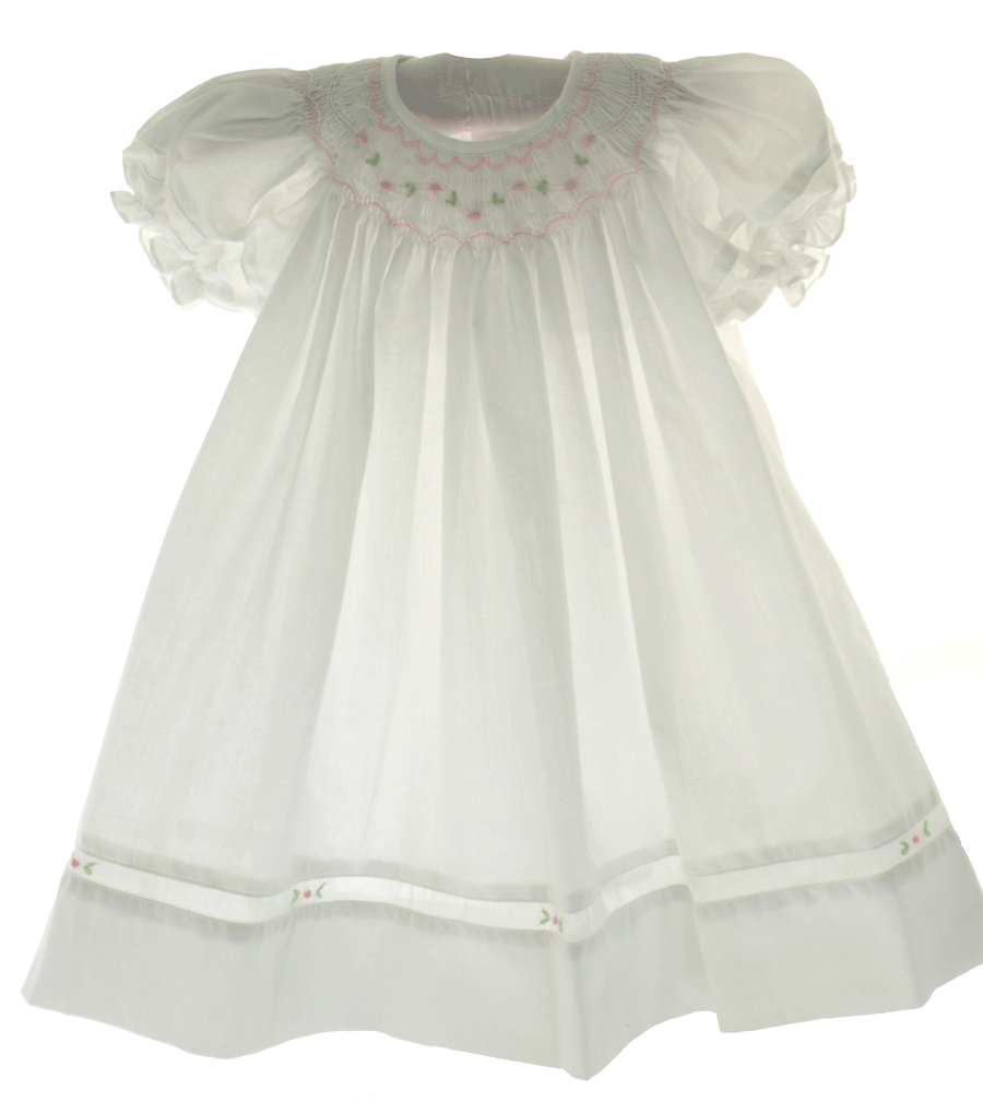 Girls White Smocked Daygown Dress &amp; Bonnet Pink Flowers